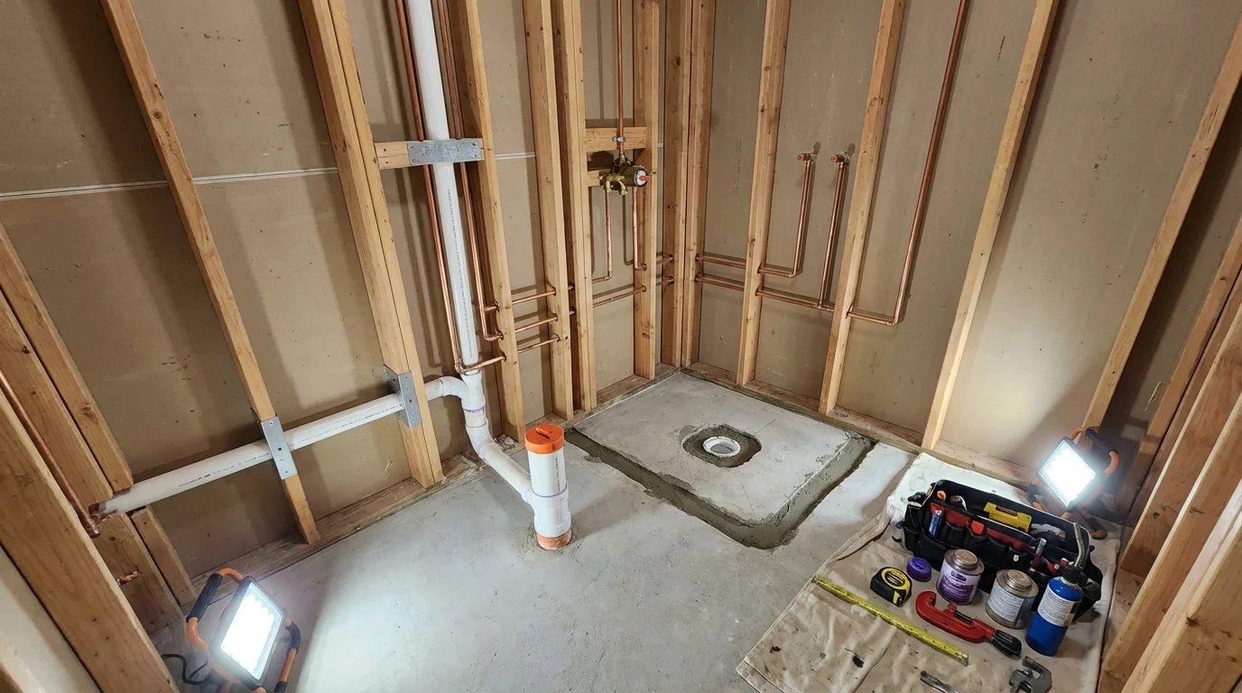 Bathroom rough-in plumbing during remodel by Johns Plumbing LLC in Elizabeth