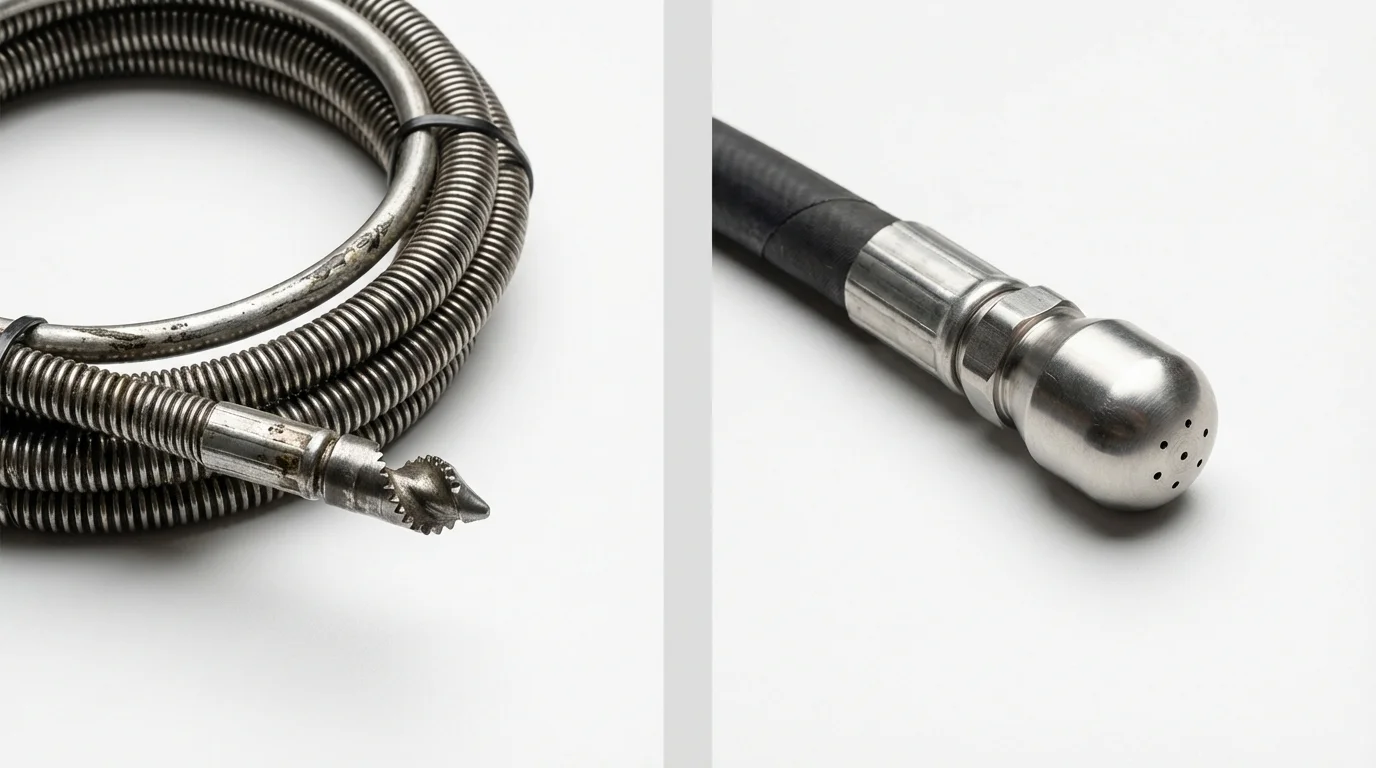 Drain snake cable and hydro jetting nozzle used for drain cleaning in Elizabeth, NJ
