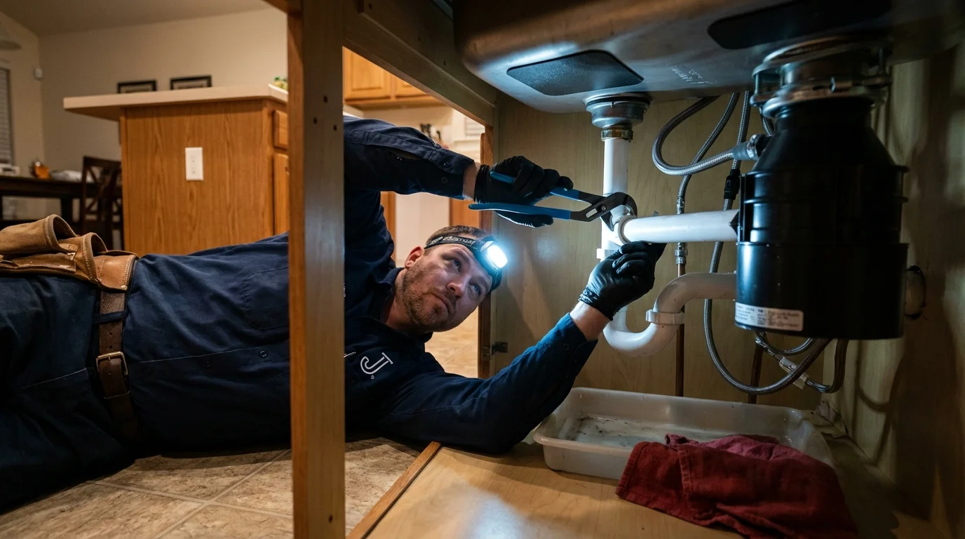 P-trap and supply line connections under a kitchen sink showing a common leak point in Elizabeth, NJ